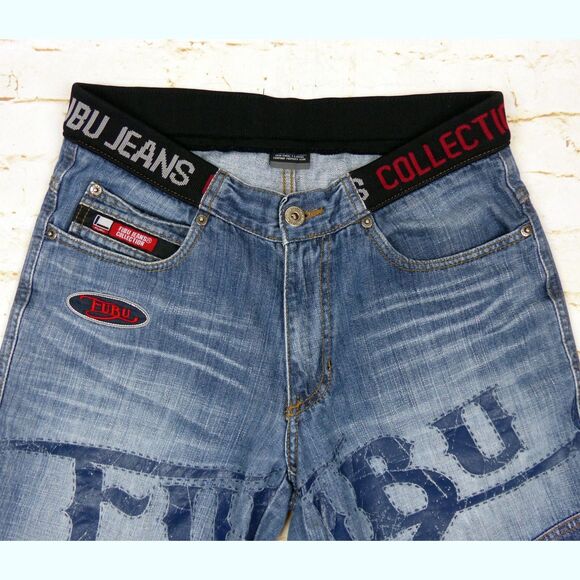 VTG FUBU Collection X Ford Denim Shorts Mens 29X17 Blue Logo Sporty Jorts Y2K - Picture 5 of 12